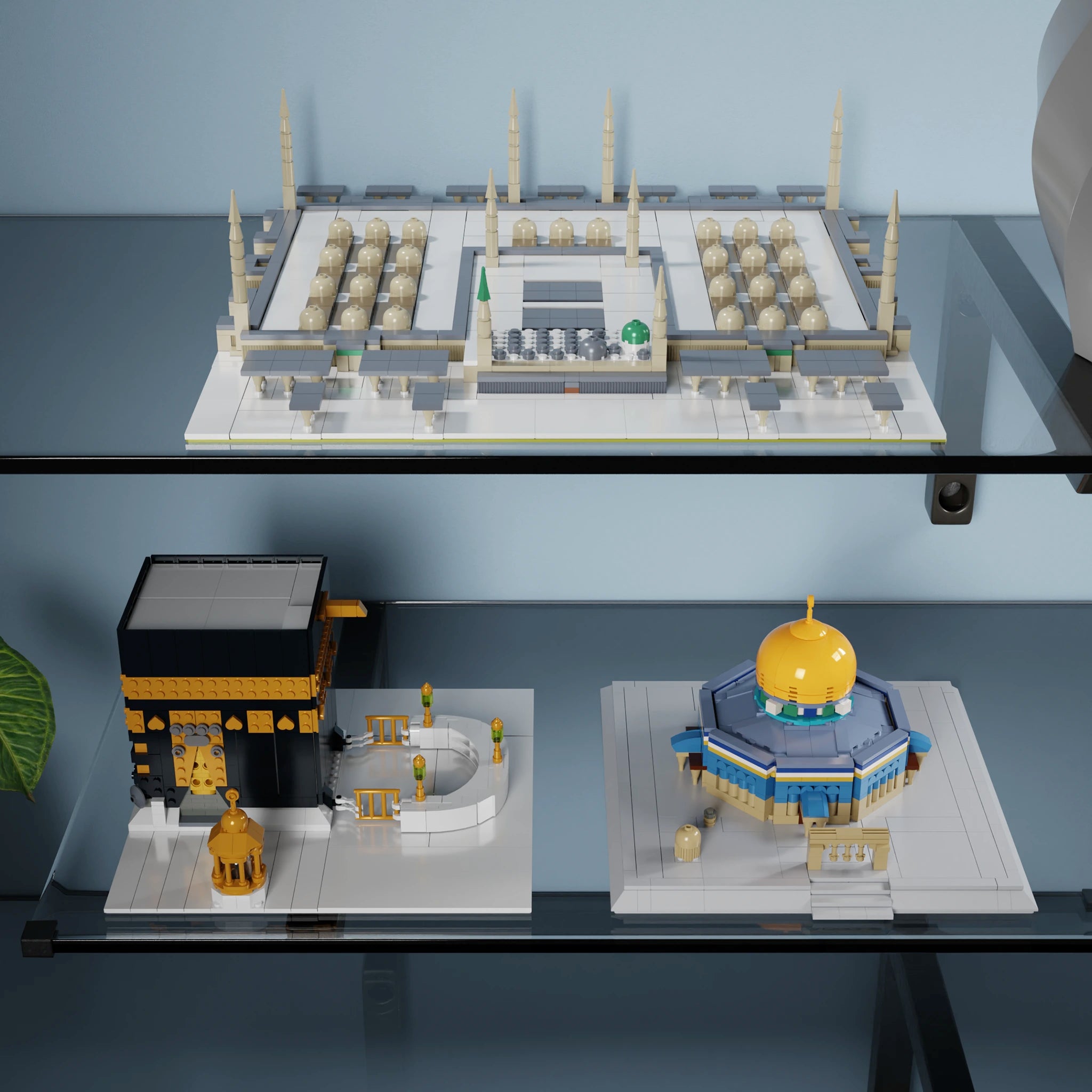 Kaaba, Masjid an-Nabawi and Al-Aqsa Dome of the Rock with ALIFAAT LEGO compatible building blocks positioned on two shelves