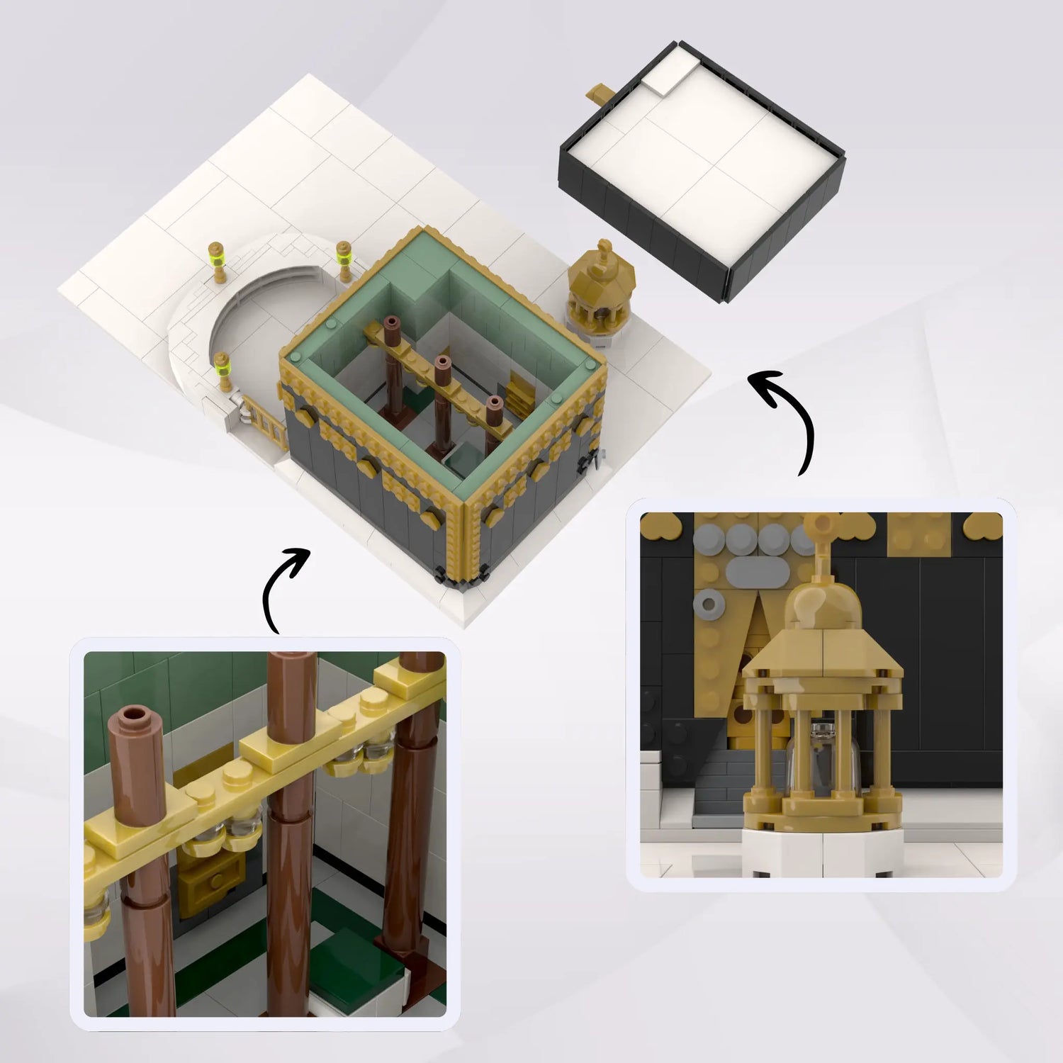 Top perspective of Kaaba Islamic LEGO compatible building bricks set with open roof and inside perspective