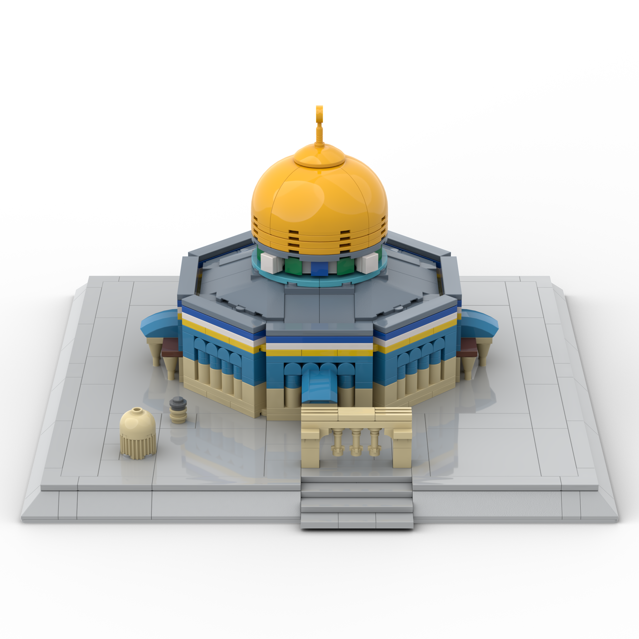 Forsideperspektiv af islamiske LEGO-kompatible byggesten, der forestiller en model af ALIFAAT al-Aqsa Dome of the Rock-sættet