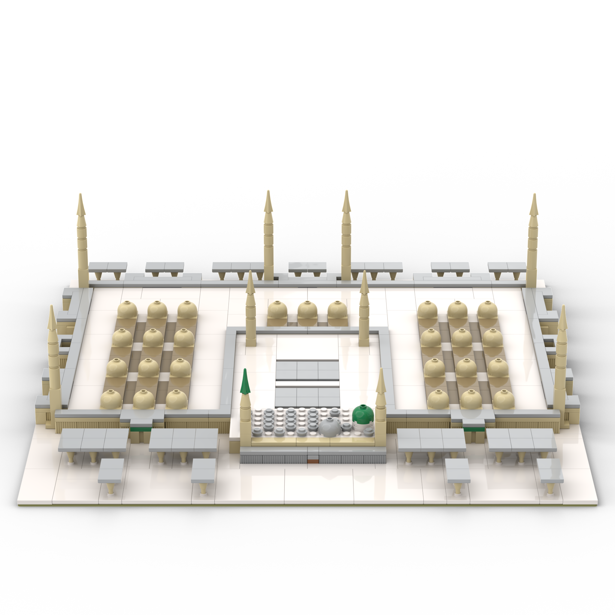 Perspektiv fra front af islamiske LEGO-kompatible bygningsklodser, der forestiller en model af ALIFAAT Masjid an-Nabawi-sættet