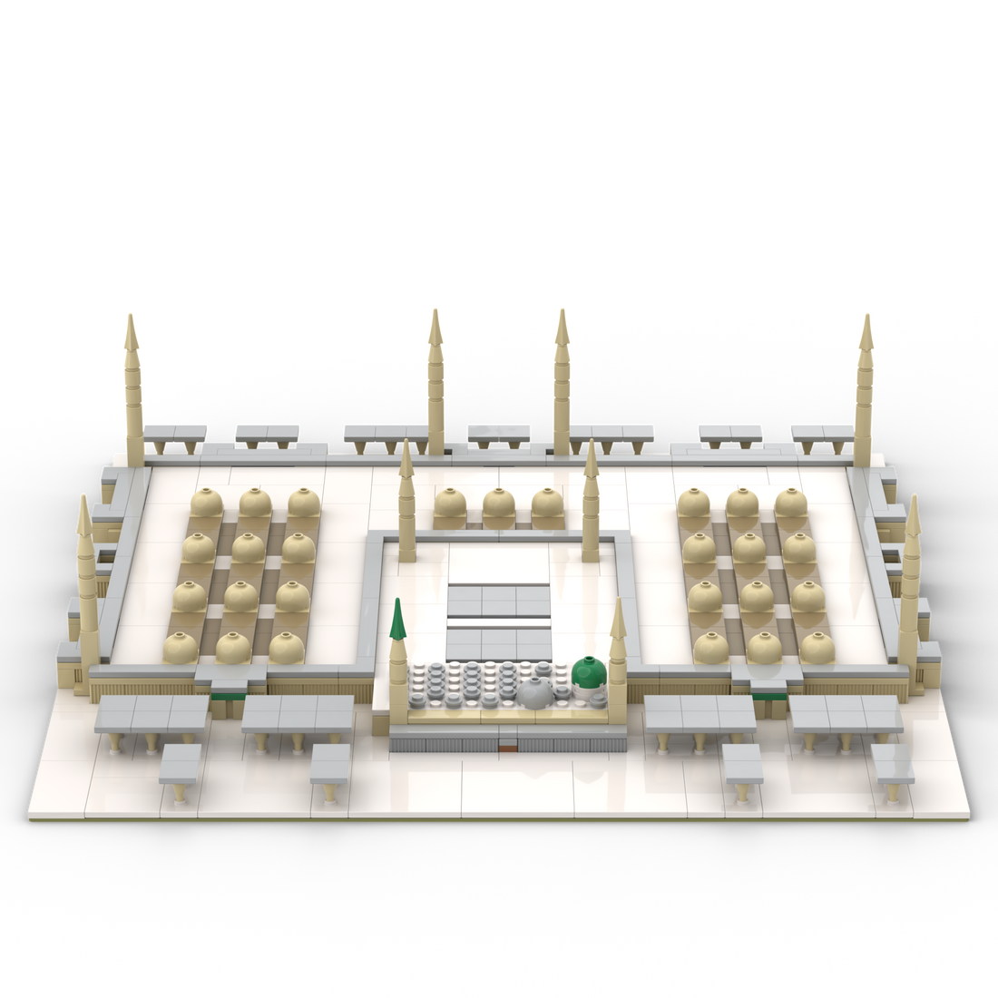 Front perspective of islamic LEGO compatible building blocks depicting a model of the ALIFAAT Masjid an-Nabawi set