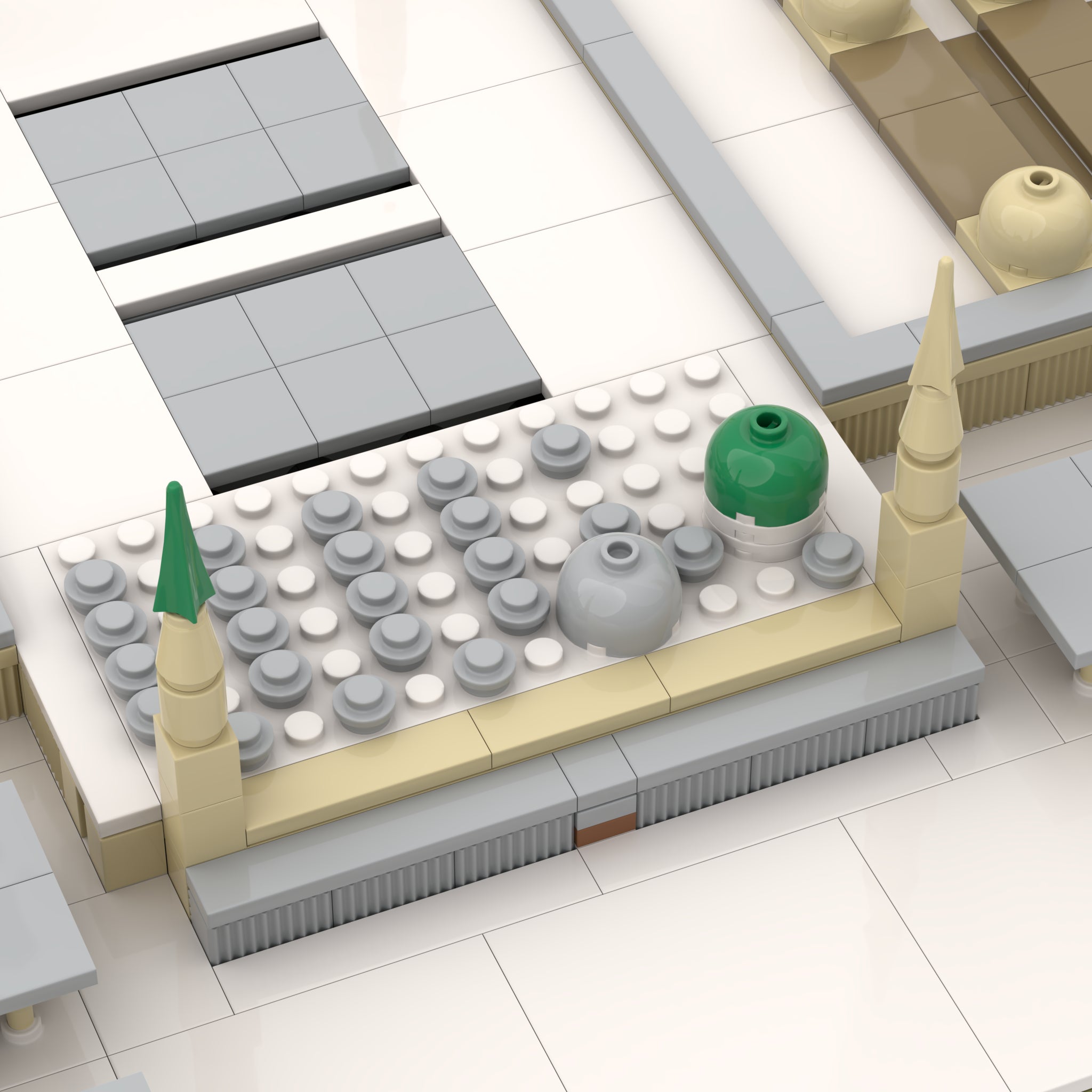 Close-up of islamic LEGO compatible Masjid an-Nabawi building blocks set of the green dome, minarets and the umbrellas piazza